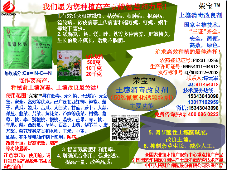 榮寶（氰氨化鈣）顆粒殺菌劑，土壤消毒、緩釋氮鈣營(yíng)養(yǎng)、肥料增效、土壤改良四效合一，殺滅根結(jié)線(xiàn)蟲(chóng)，防治根腫病、根腐病、枯萎病、流膠病、蓮藕腐敗病等土傳病害，殺滅福壽螺、釘螺等地下害蟲(chóng)，解決連作障礙
